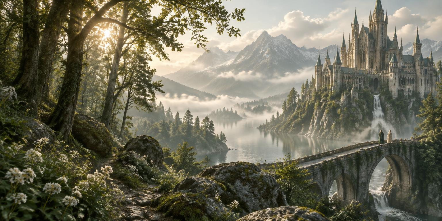 An enchanted castle overlooking a mountain lake